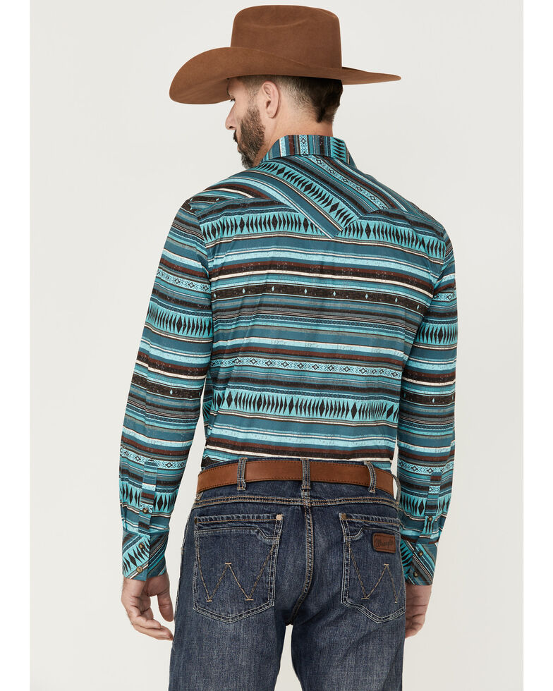Men's Rock & Roll Aqua Aztec Stripe Print Snap Up Long Sleeve Western Shirt