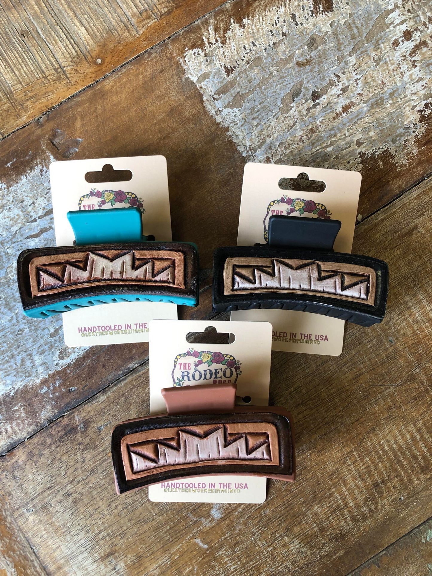 The Rodeo Rose Hand Tooled Leather Hair Clips