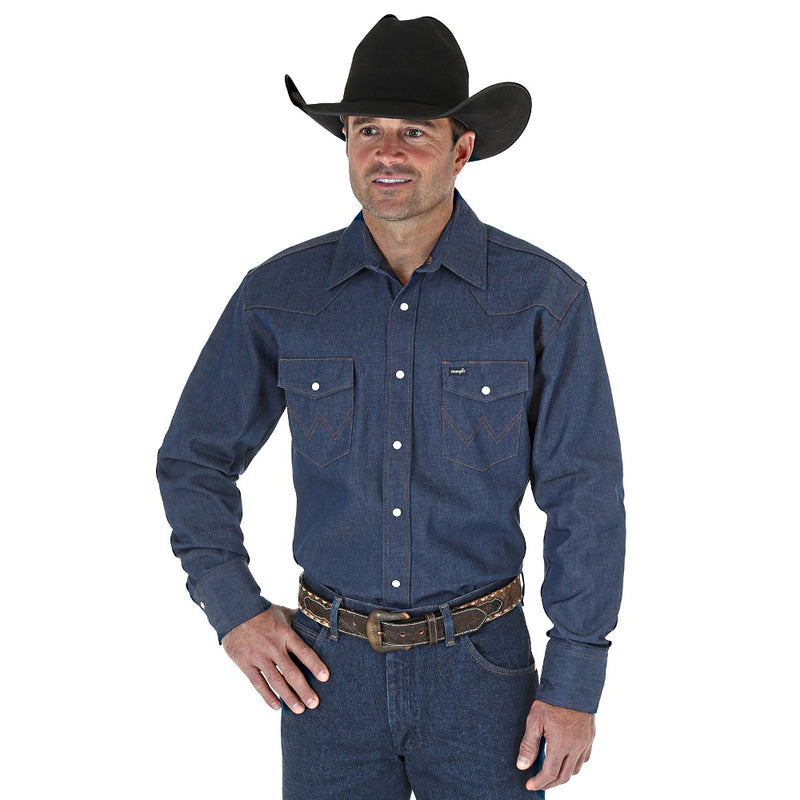Men's Wrangler Cowboy Cut Firm Finish Long-Sleeve Work Western Prewashed Denim Shirt