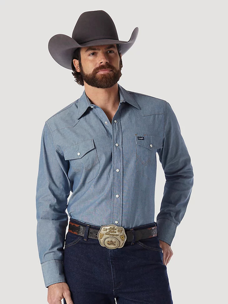 Men's Wrangler  Cowboy Cut® Work Western Indigo Chambray Long Sleeve Shirt in Chambray alternative view 2 COWBOY CUT® WORK WESTERN INDIGO CHAMBRAY LONG SLEEVE SHIRT IN CHAMBRAY
