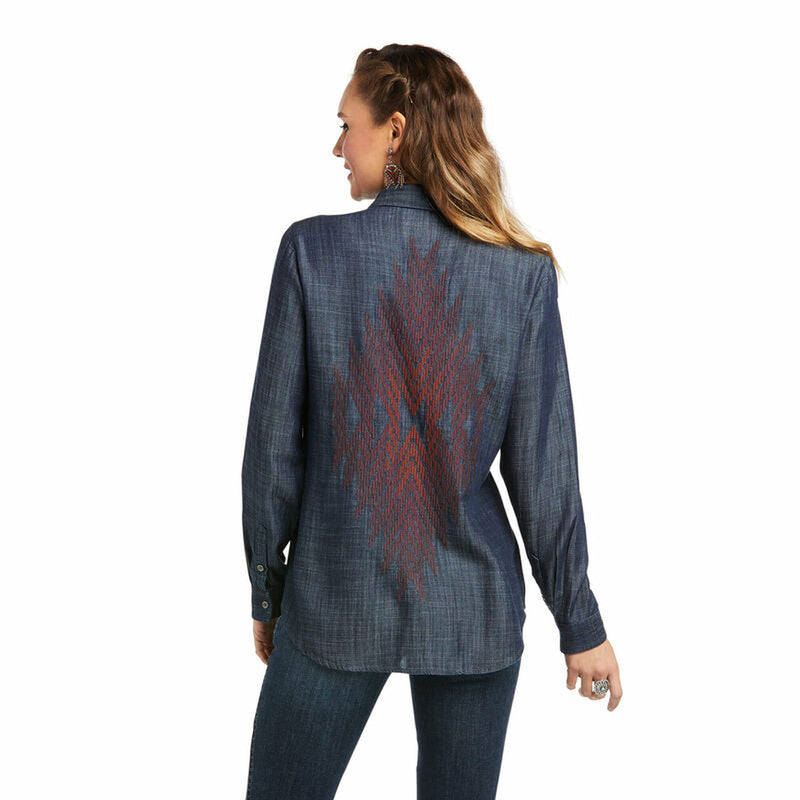 Women's Denim Blue Embroidered Parker Long Sleeve Shirt