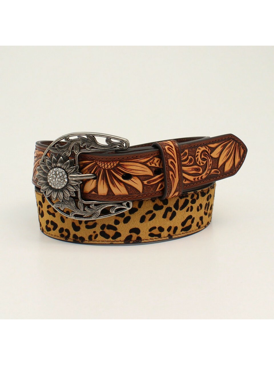 Women's  Angel Ranch® Brown Leopard Print Sunflower Tooled Belt With Sunflower Buckle