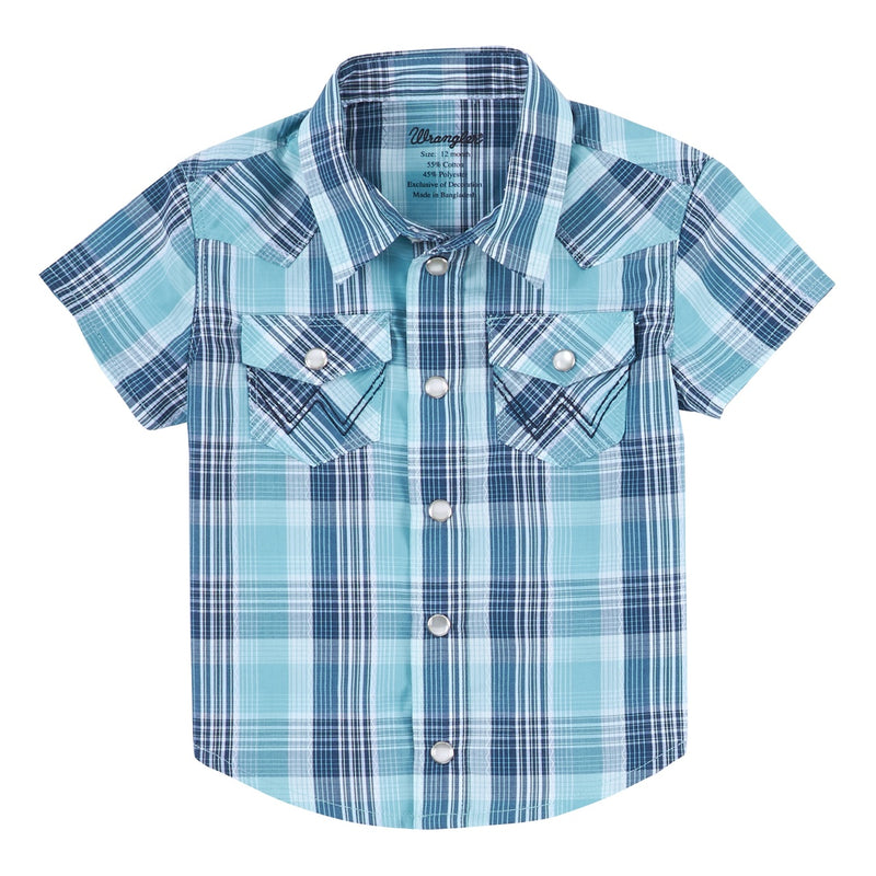 Boy's Wrangler Teal Plaid Western Snap Short Sleeve Shirt