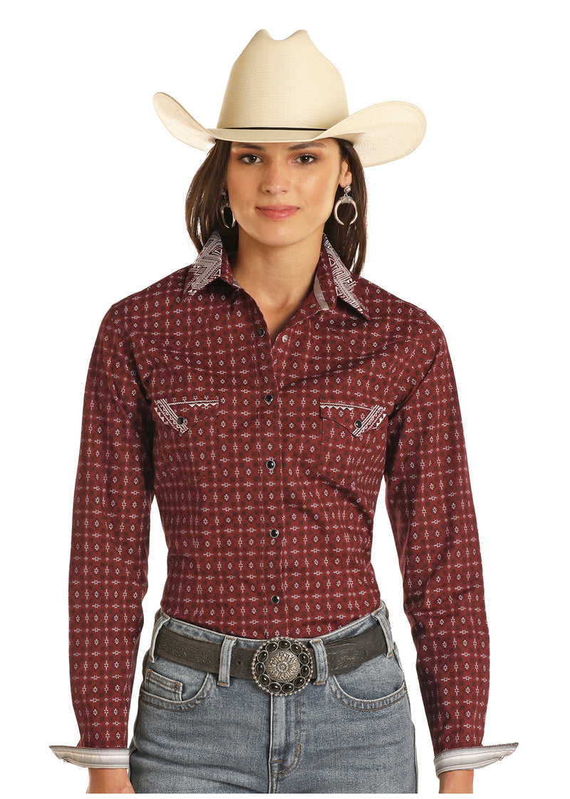 Women's Panhandle Slim Rough Stock  Burgandy Long Sleeve Western Shirt