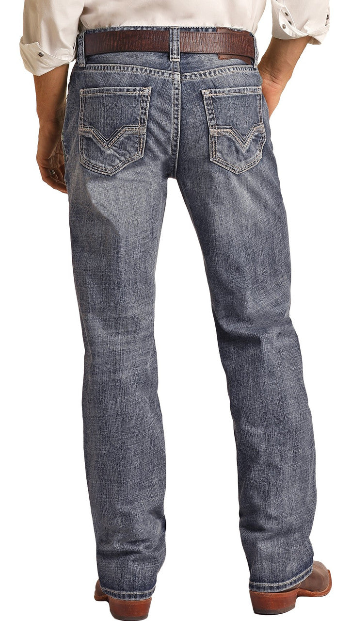 Men's RELAXED FIT LADDER STITCH MEDIUM WASH STRAIGHT BOOTCUT JEANS