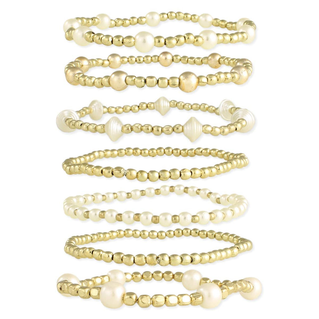 Gold & White Bead Bracelet Set of 7