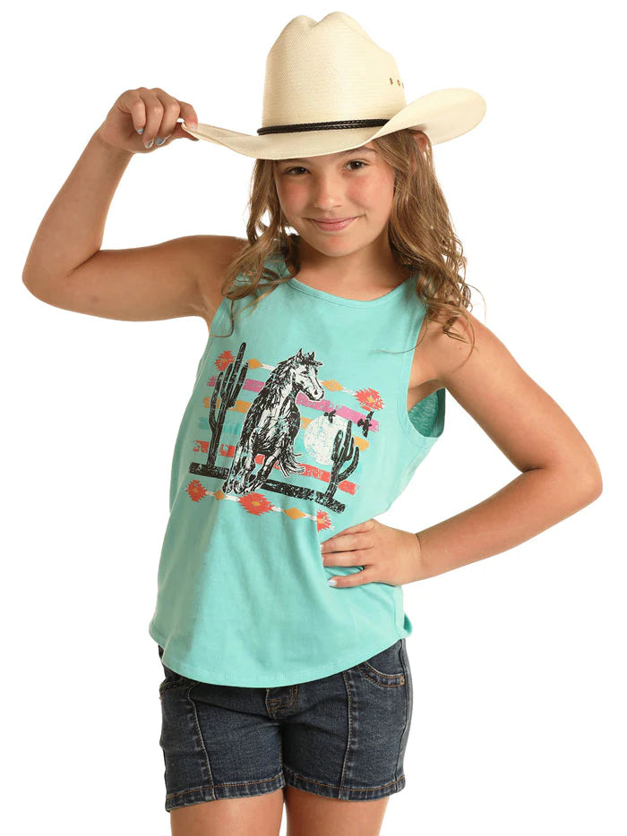 Girl's Rock & Roll Denim Graphic T-Back Tank Turquoise