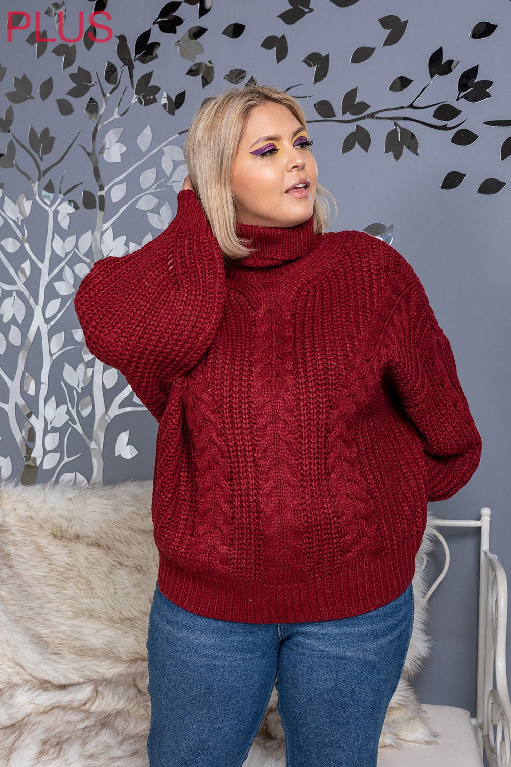 Women's Long Sleeve Solid Knit Maroon Sweater