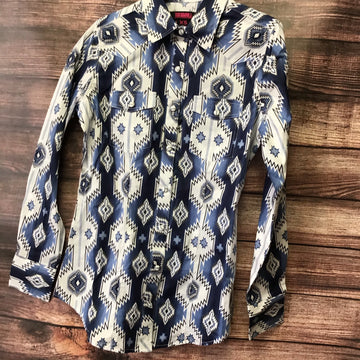 Women's Rock & Roll Long Sleeve Western Blue and White Aztec Print