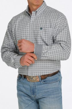 Men's Cinch Geometric Print Button Down Western Shirt - gray/teal