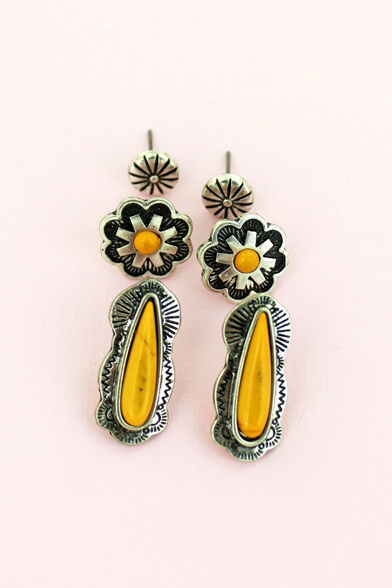 Yellow Teardrop & Flower Stud Earrings Set