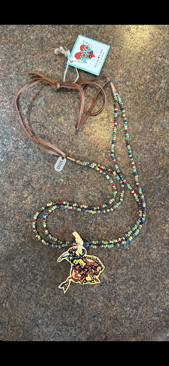 XOXO Art & Co 26" Picasso Bead & NFR Bronc Leather Necklace